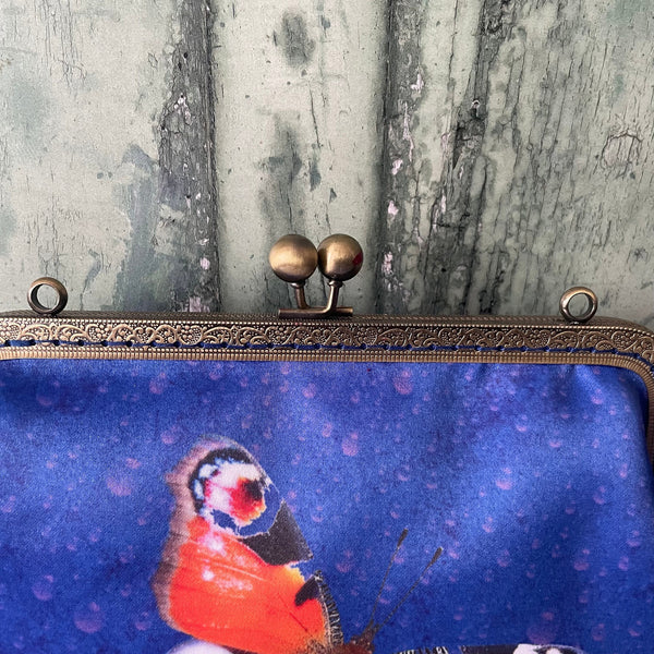 Blue and Red Peacock Butterfly Satin 8 Inch Sew In Clasp Bronze Purse Frame Clutch Bag