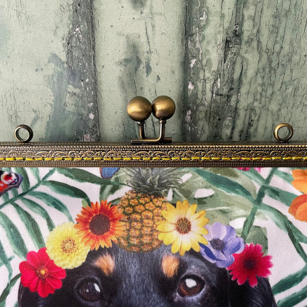 Tropical Floral Black Dachshund Satin 8 Inch Sew In Clasp Bronze Purse Frame Clutch Bag