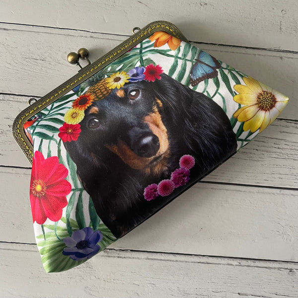 Tropical Floral Black Dachshund Satin 8 Inch Sew In Clasp Bronze Purse Frame Clutch Bag