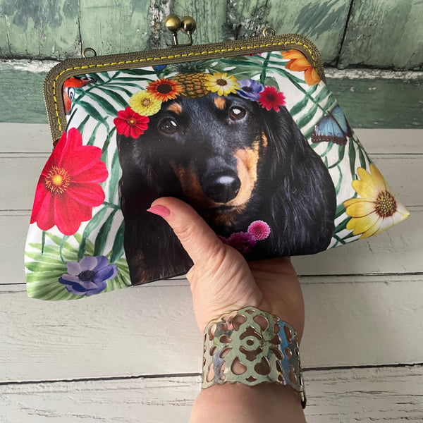 Tropical Floral Black Dachshund Satin 8 Inch Sew In Clasp Bronze Purse Frame Clutch Bag