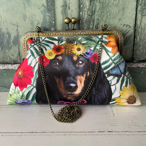 Tropical Floral Black Dachshund Satin 8 Inch Sew In Clasp Bronze Purse Frame Clutch Bag