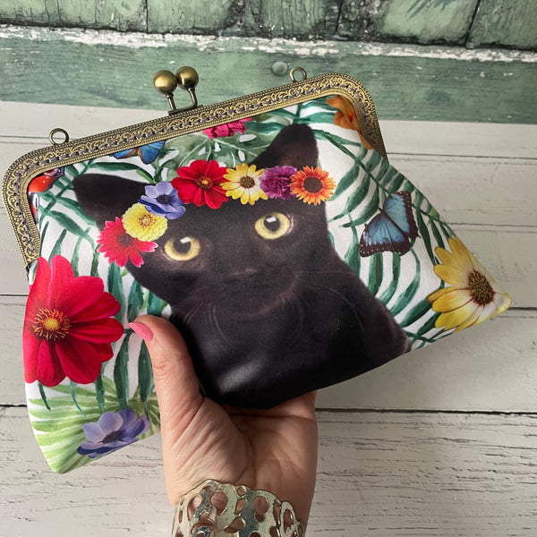 Tropical Floral Black Cat Satin 8 Inch Sew In Clasp Bronze Purse Frame Clutch Bag