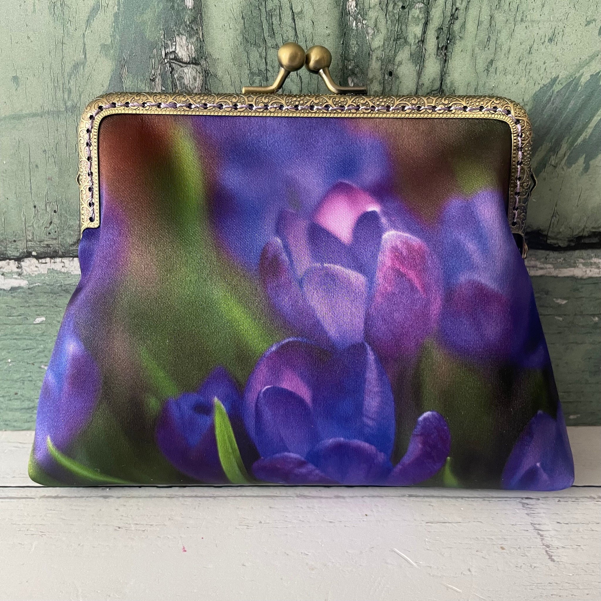 Handmade Spring Purple Crocus Floral Satin 5.5 Inch Sew In Clasp Purse Frame Clutch Bag