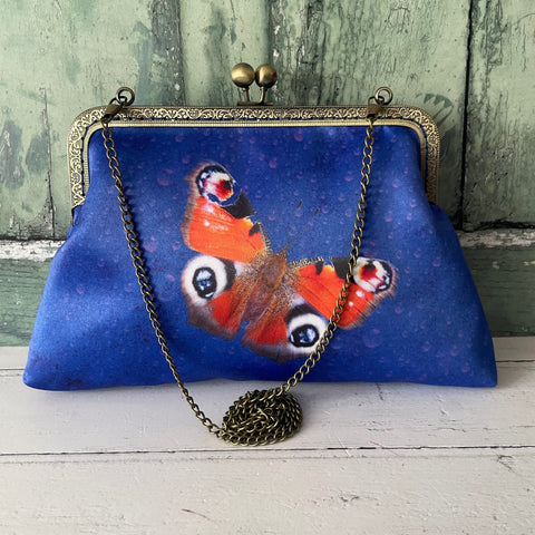 Blue and Red Peacock Butterfly Satin 8 Inch Sew In Clasp Bronze Purse Frame Clutch Bag