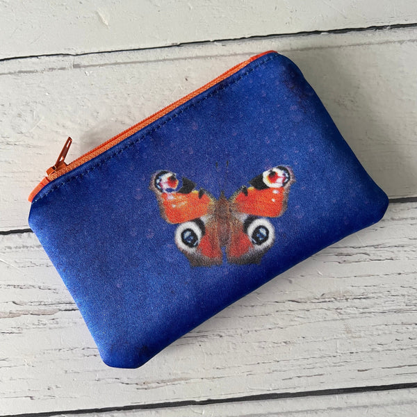 Handmade Red and Blue Butterfly Satin Coin Zipper Purse Pouch