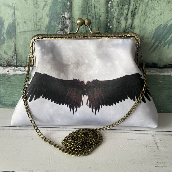 White and Black Angel Wings Satin 5.5 Inch Sew In Clasp Purse Frame Clutch Bag