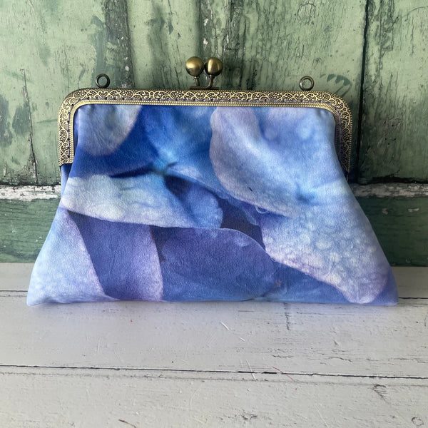 Blue Lilac Raindrop Hydrangea Petal Floral Satin 8 Inch Sew In Clasp Bronze Purse Frame Clutch Bag