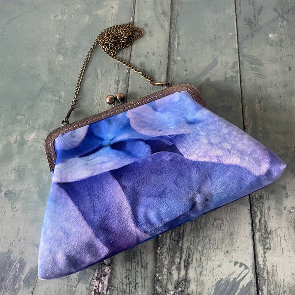 Blue Lilac Raindrop Hydrangea Petal Floral Satin 8 Inch Sew In Clasp Bronze Purse Frame Clutch Bag