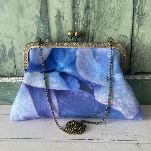 Blue Lilac Raindrop Hydrangea Petal Floral Satin 8 Inch Sew In Clasp Bronze Purse Frame Clutch Bag