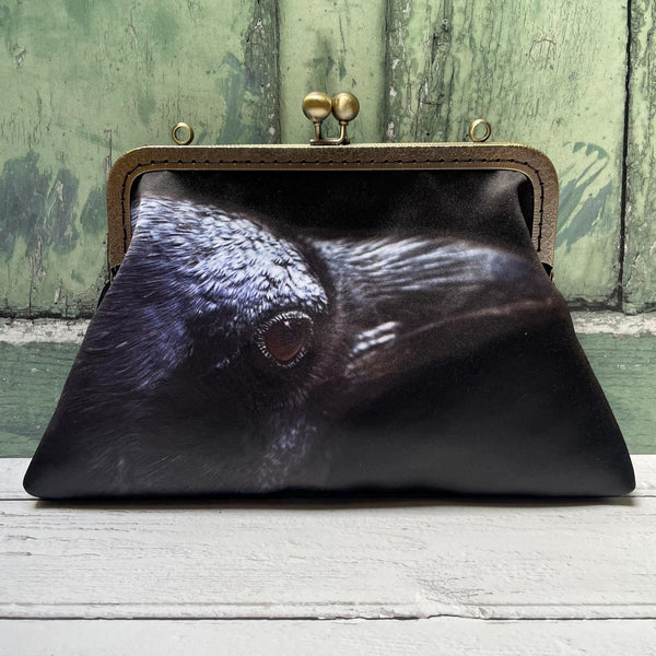 Black Crow Bird Satin 8 Inch Sew In Clasp Bronze Purse Frame Clutch Bag