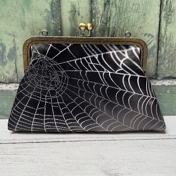 Black and White Spider Web Satin 8 Inch Sew In Clasp Bronze Purse Frame Clutch Bag