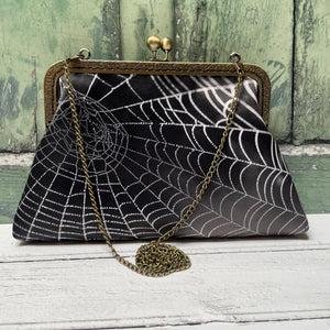 Black and White Spider Web Satin 8 Inch Sew In Clasp Bronze Purse Frame Clutch Bag