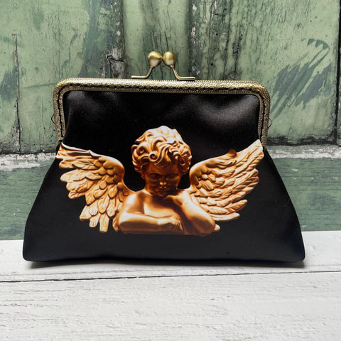 Black and Bronze Cherub Angel Satin 5.5 Inch Sew In Clasp Purse Frame Clutch Bag