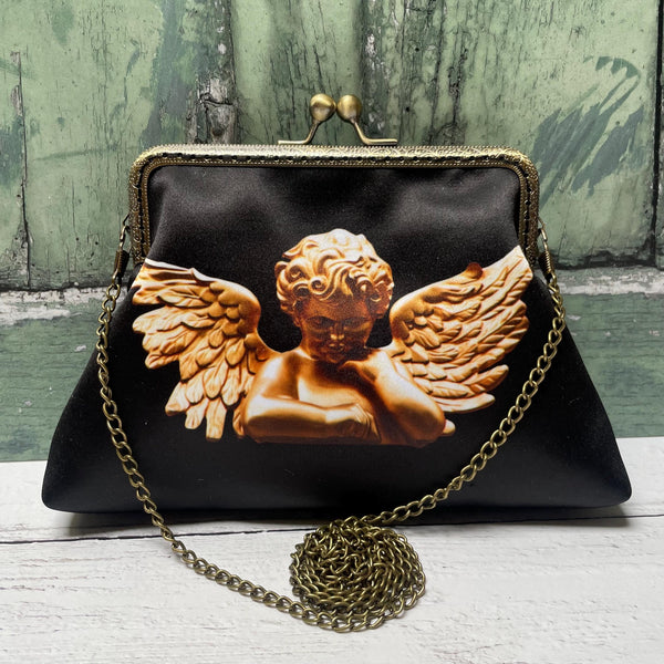 Black and Bronze Cherub Angel Satin 5.5 Inch Sew In Clasp Purse Frame Clutch Bag