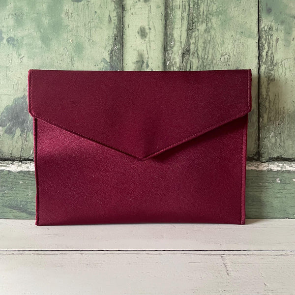 Wine Red Satin Slim Fold Over Envelope Clutch Bag