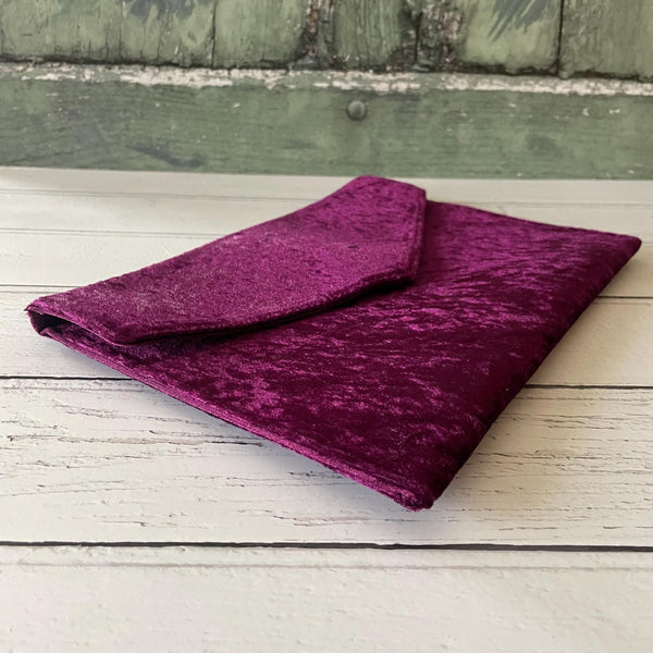 Mulberry Purple Crushed Velvet Slim Fold Over Envelope Clutch Bag