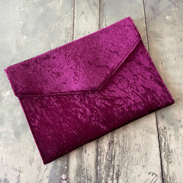 Mulberry Purple Crushed Velvet Slim Fold Over Envelope Clutch Bag