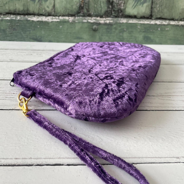 Purple Crushed Velvet Zipper Wristlet Clutch Bag