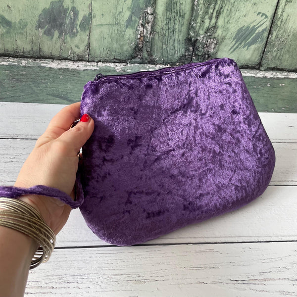 Purple Crushed Velvet Zipper Wristlet Clutch Bag