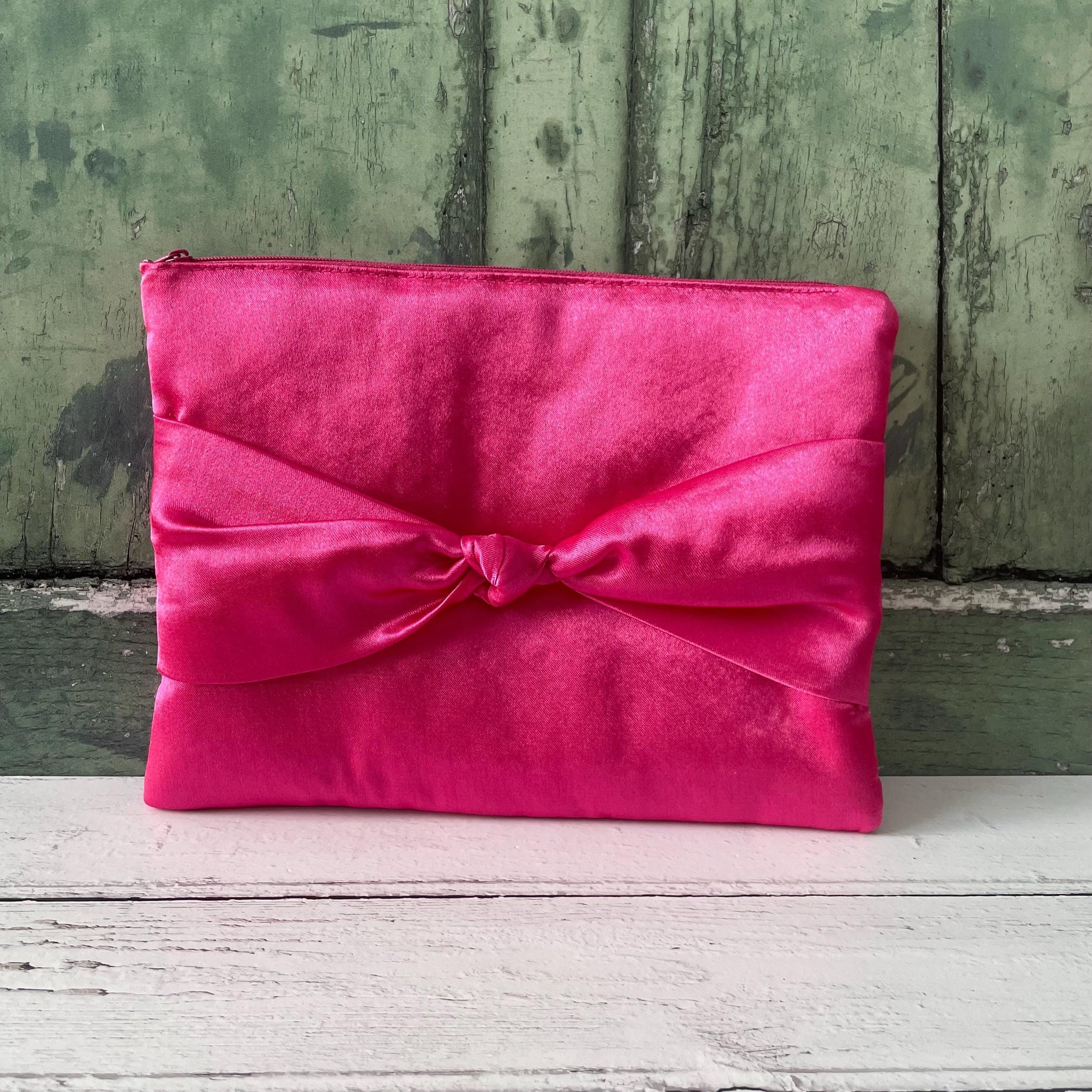 Pink Satin Bow Zipper Wristlet Clutch Bag