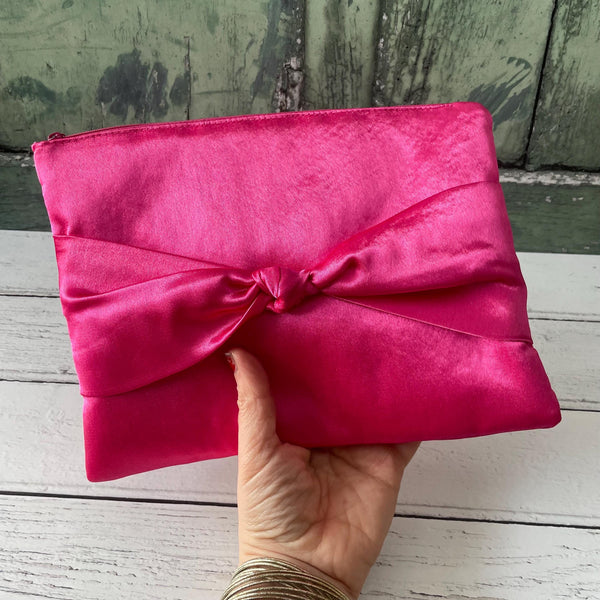 Pink Satin Bow Zipper Wristlet Clutch Bag