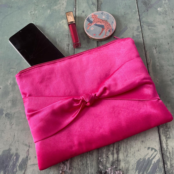 Pink Satin Bow Zipper Wristlet Clutch Bag