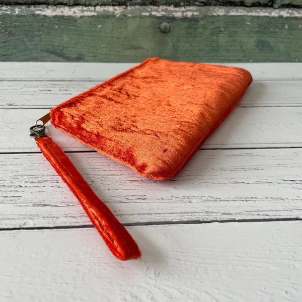 Orange Crushed Velvet Small Zipper Wristlet Clutch Bag