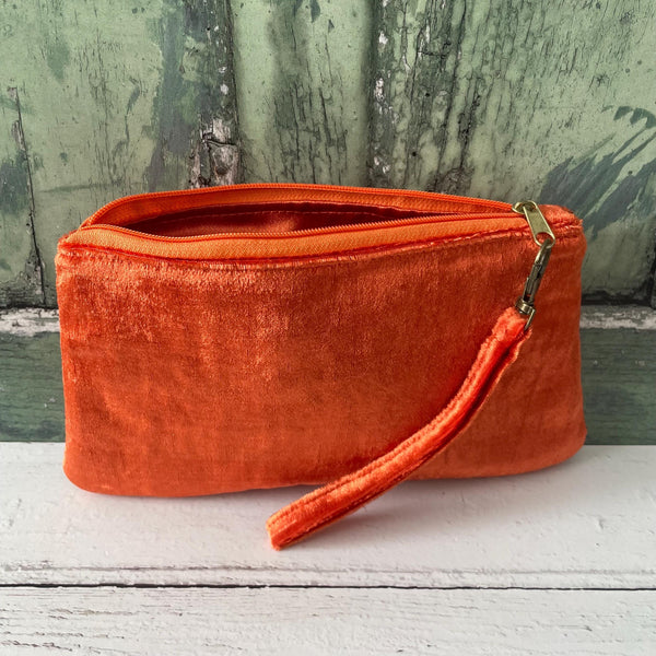 Orange Crushed Velvet Small Zipper Wristlet Clutch Bag