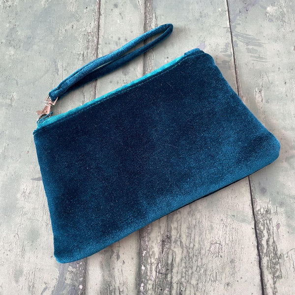 Petrol Blue Velvet Zipper Wristlet Clutch Bag