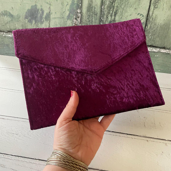 Mulberry Purple Crushed Velvet Slim Fold Over Envelope Clutch Bag