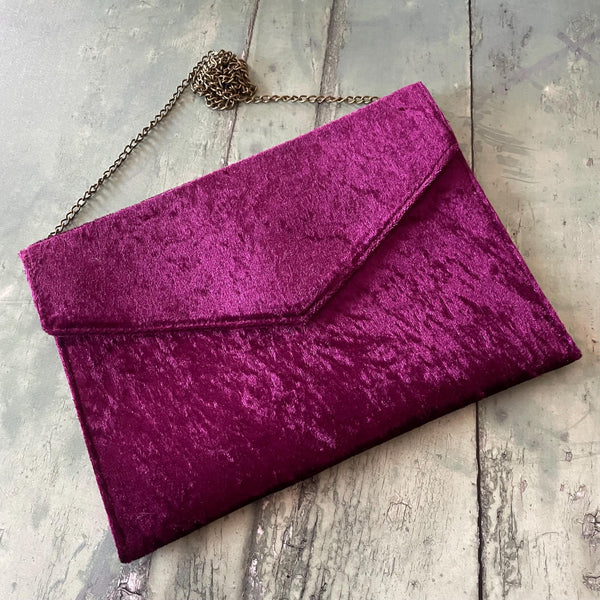 Mulberry Purple Crushed Velvet Slim Fold Over Envelope Clutch Bag