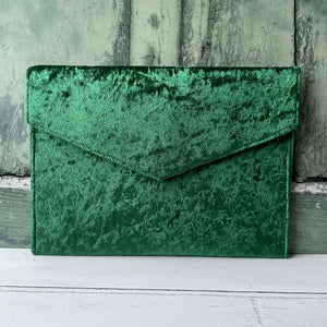 Jewel Green Crushed Velvet Slim Fold Over Envelope Clutch Bag