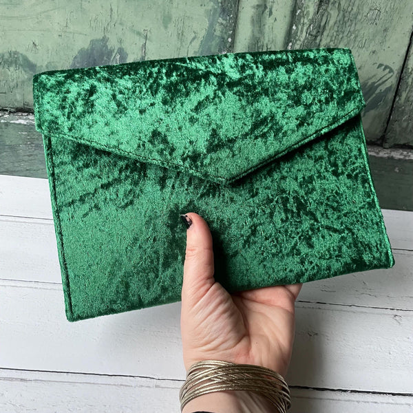 Jewel Green Crushed Velvet Slim Fold Over Envelope Clutch Bag