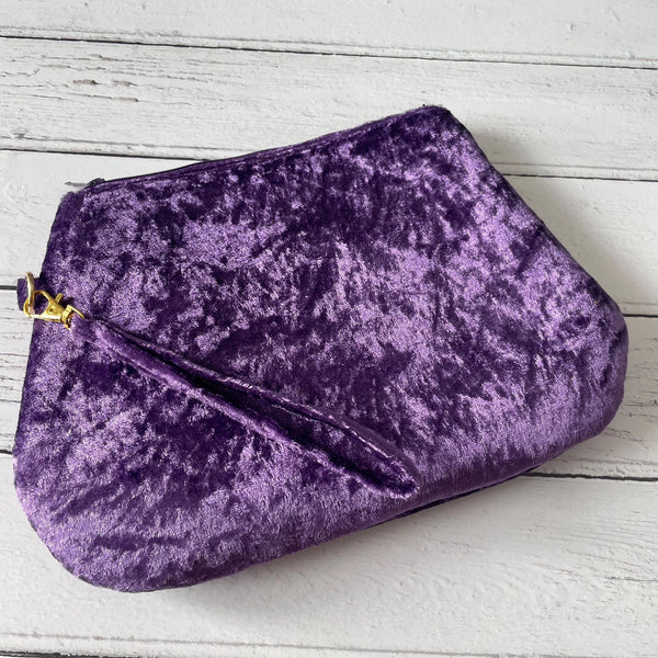 Purple Crushed Velvet Zipper Wristlet Clutch Bag