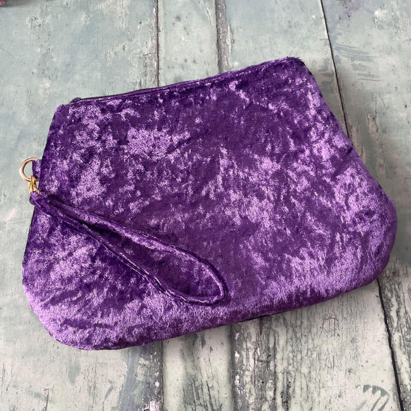 Purple Crushed Velvet Zipper Wristlet Clutch Bag