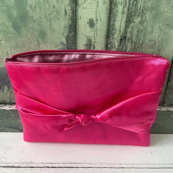 Pink Satin Bow Zipper Wristlet Clutch Bag