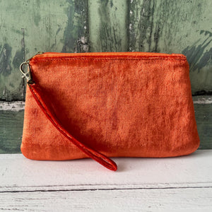 Orange Crushed Velvet Small Zipper Wristlet Clutch Bag