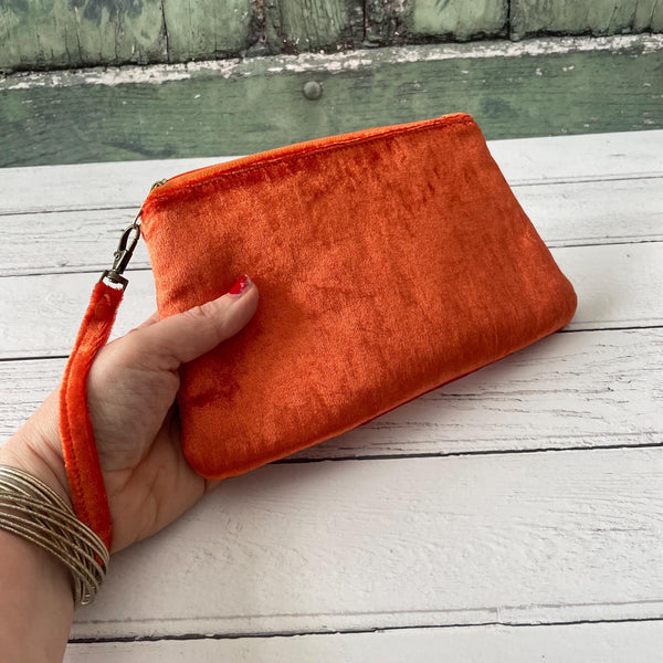 Orange Crushed Velvet Small Zipper Wristlet Clutch Bag