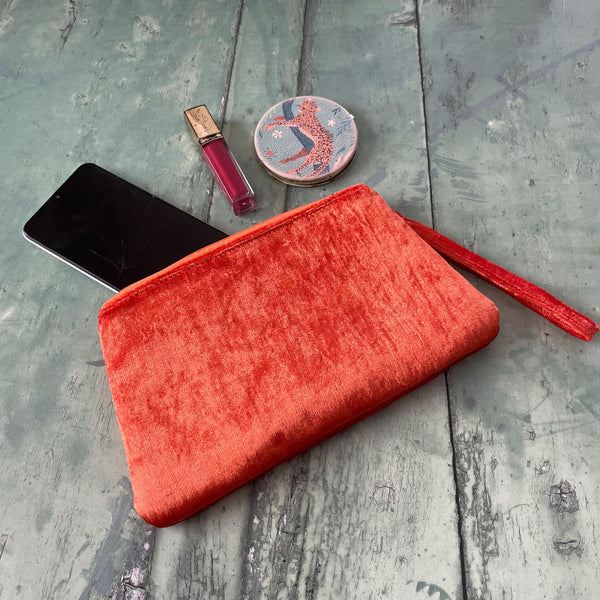 Orange Crushed Velvet Small Zipper Wristlet Clutch Bag