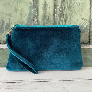 Petrol Blue Velvet Zipper Wristlet Clutch Bag