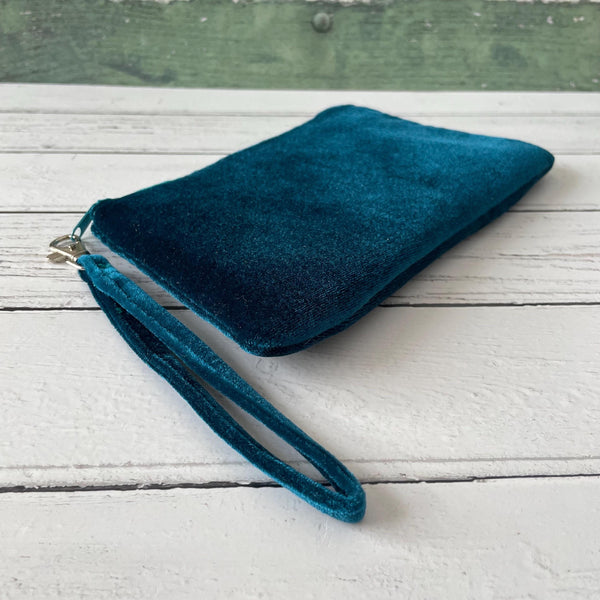 Petrol Blue Velvet Zipper Wristlet Clutch Bag