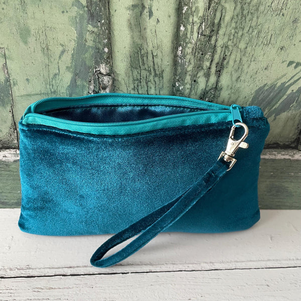 Petrol Blue Velvet Zipper Wristlet Clutch Bag