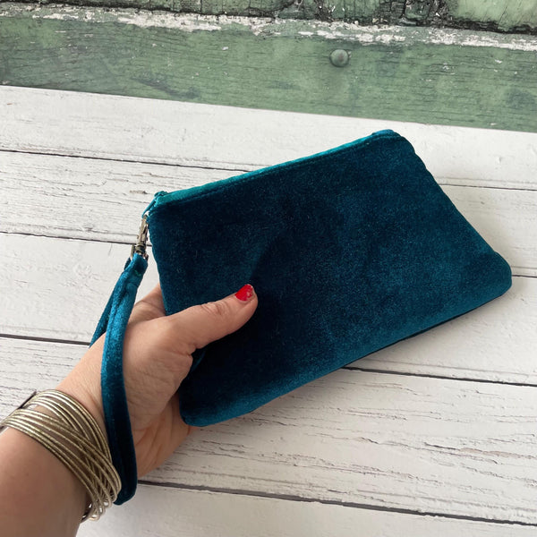 Petrol Blue Velvet Zipper Wristlet Clutch Bag