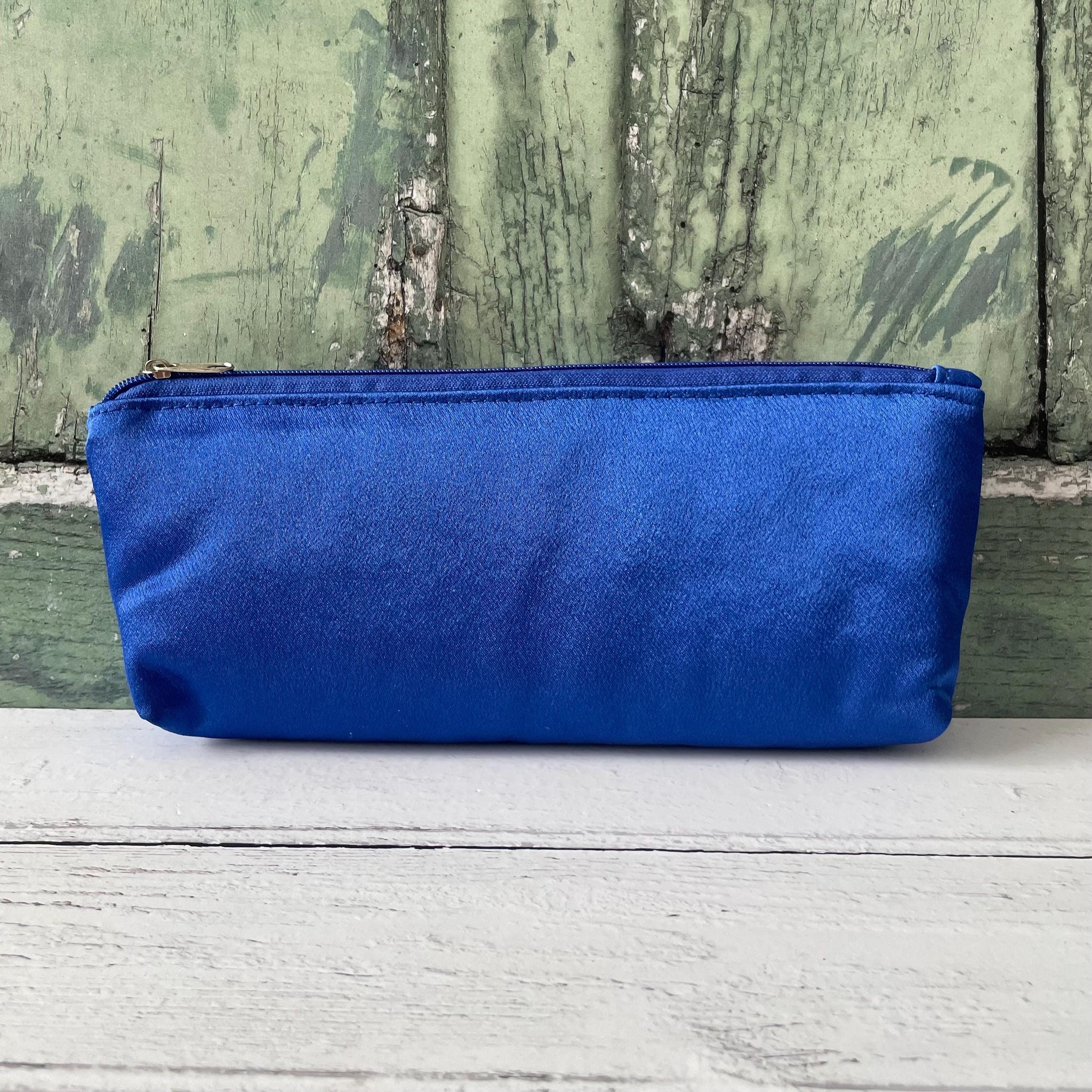 Blue Satin Small Zipper Makeup Pouch