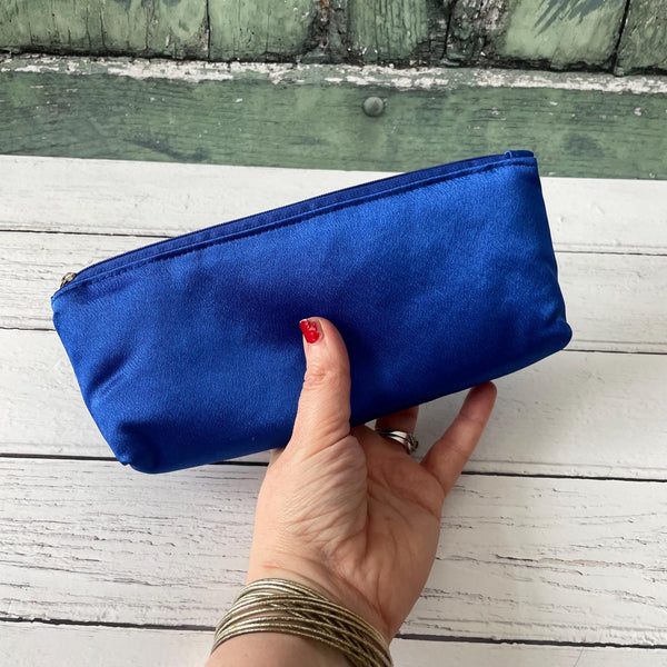 Blue Satin Small Zipper Makeup Pouch