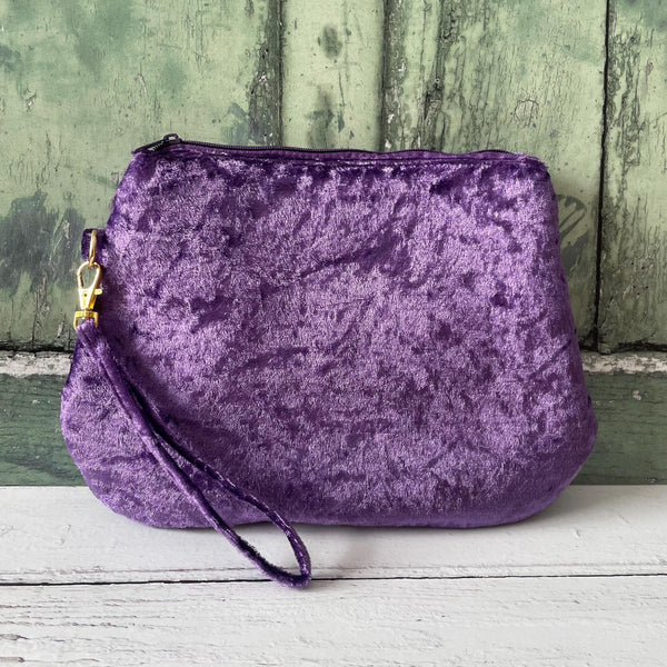 Purple Crushed Velvet Zipper Wristlet Clutch Bag