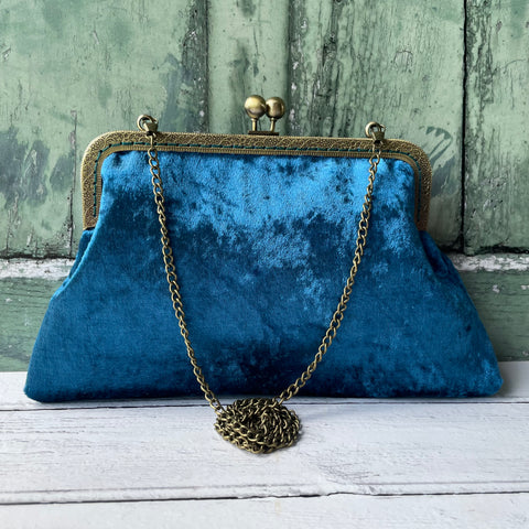 Petrol Blue Crushed Velvet 8 Inch Bronze Clasp Purse Frame Clutch Bag