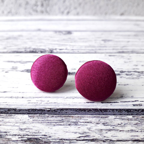 Fuchsia PInk Satin Fabric Button Stud Earrings