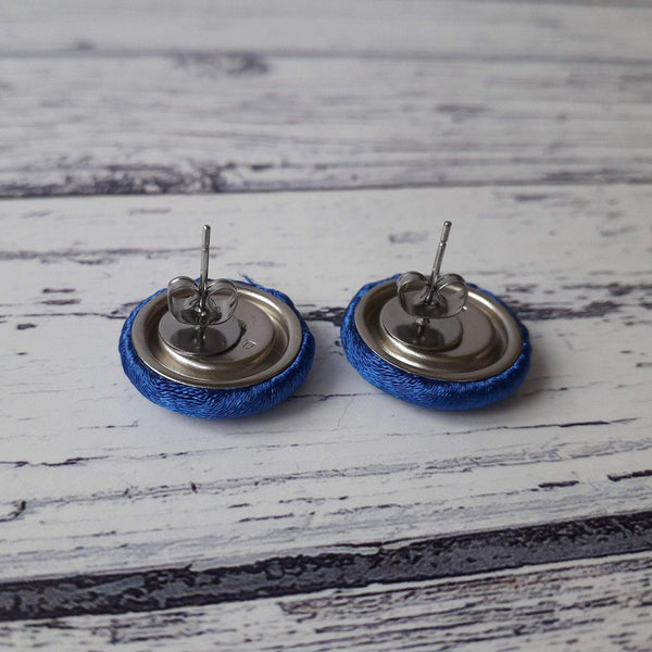 Navy Blue Satin Fabric Button Stainless Steel Stud Earrings