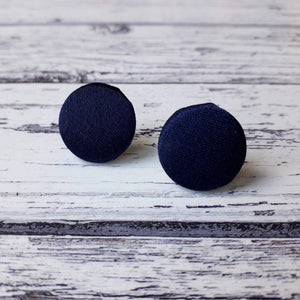 Navy Blue Satin Fabric Button Stainless Steel Stud Earrings